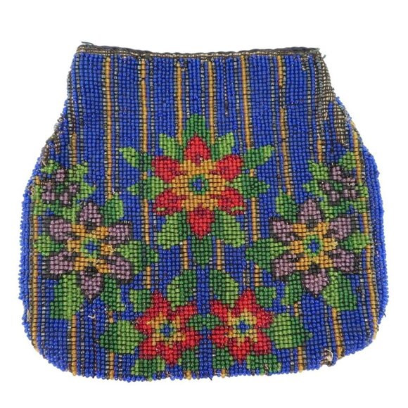 Antique Seed Bead Beaded Blue Stripe Floral Flower Handbag Purse No Handle AS IS - Picture 1 of 14